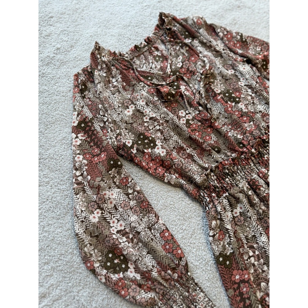 Floral Smocked Longsleeve Dress With Tie Womens Size Small